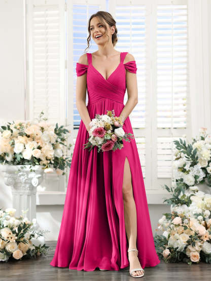 V-Neck Floor-Length Chiffon Bridesmaid Dress with Side Split and Ruched A-Line/Princess Silhouette
