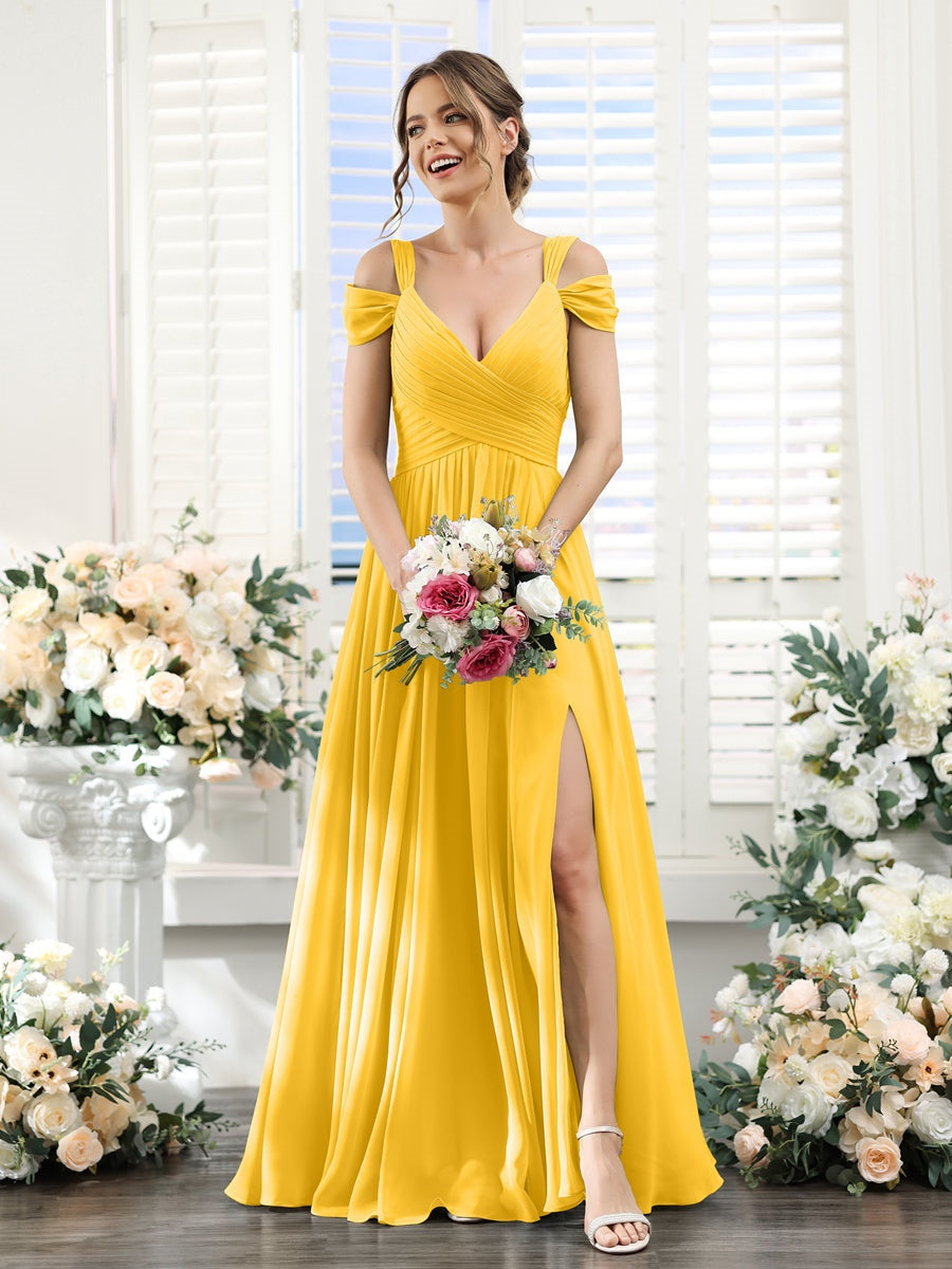 V-Neck Floor-Length Chiffon Bridesmaid Dress with Side Split and Ruched A-Line/Princess Silhouette