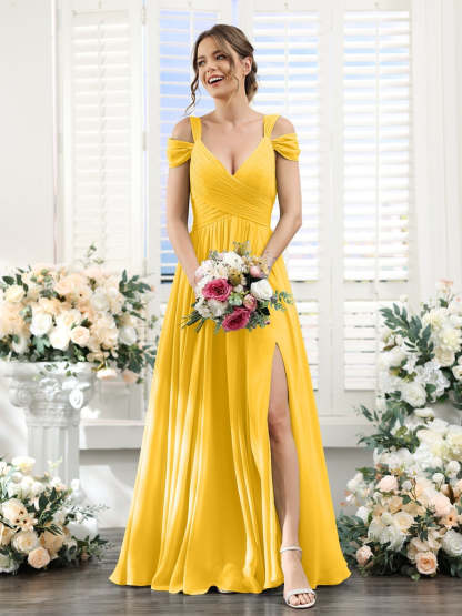 V-Neck Floor-Length Chiffon Bridesmaid Dress with Side Split and Ruched A-Line/Princess Silhouette
