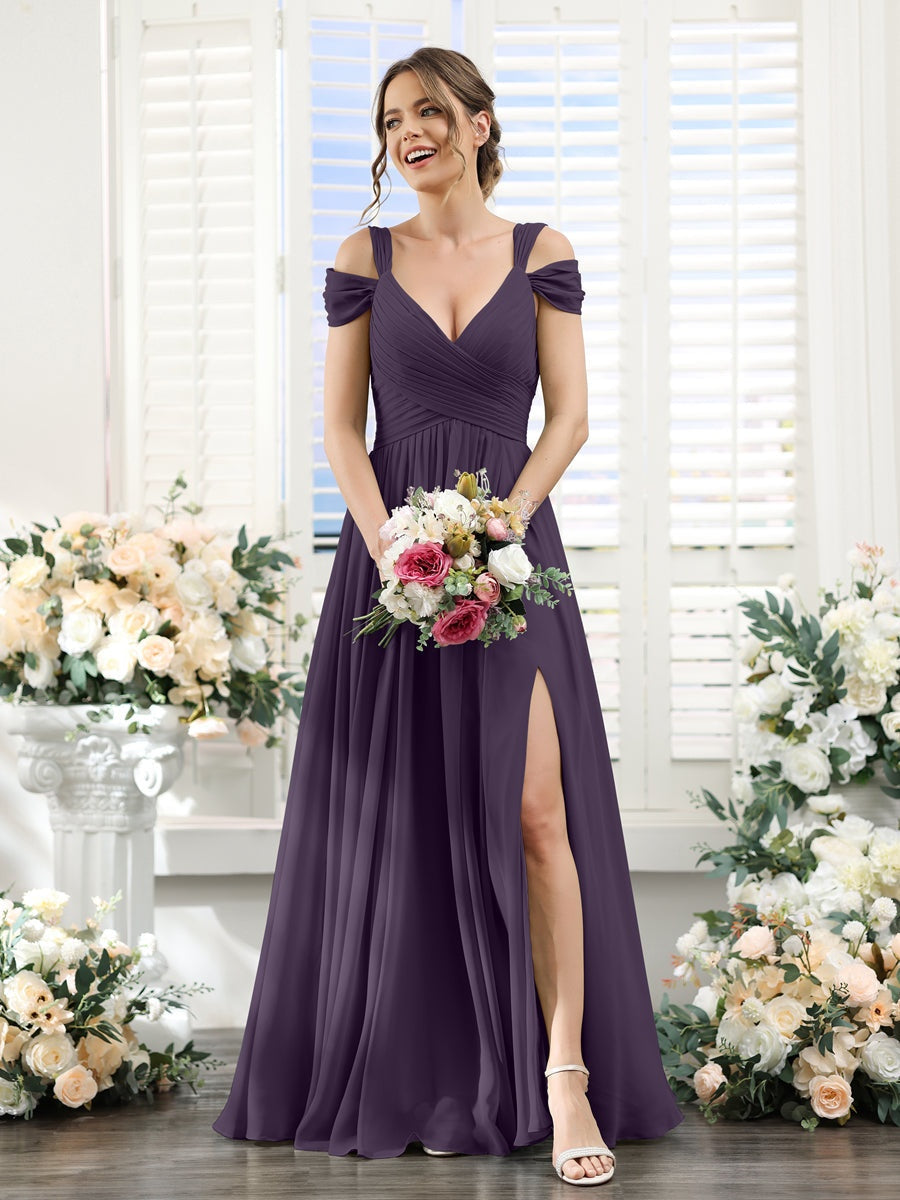 V-Neck Floor-Length Chiffon Bridesmaid Dress with Side Split and Ruched A-Line/Princess Silhouette