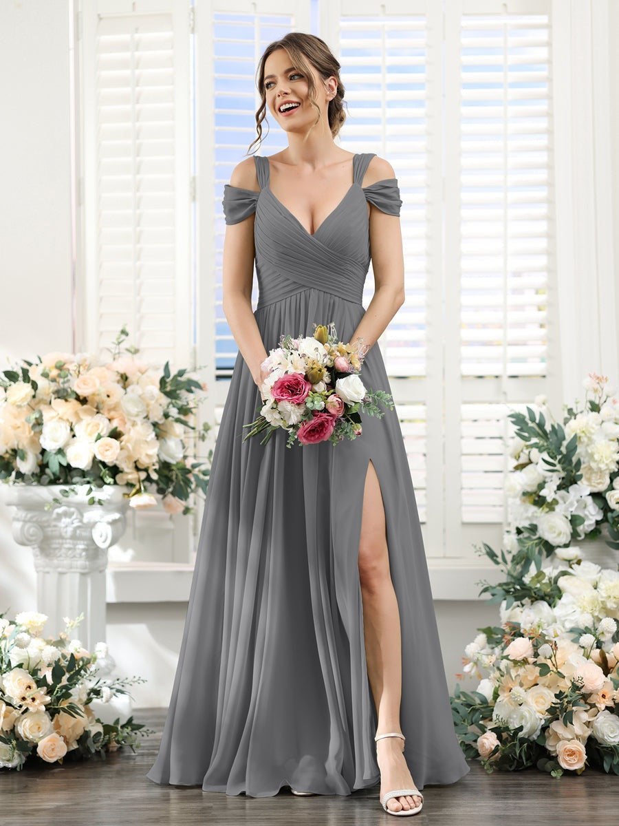 V-Neck Floor-Length Chiffon Bridesmaid Dress with Side Split and Ruched A-Line/Princess Silhouette