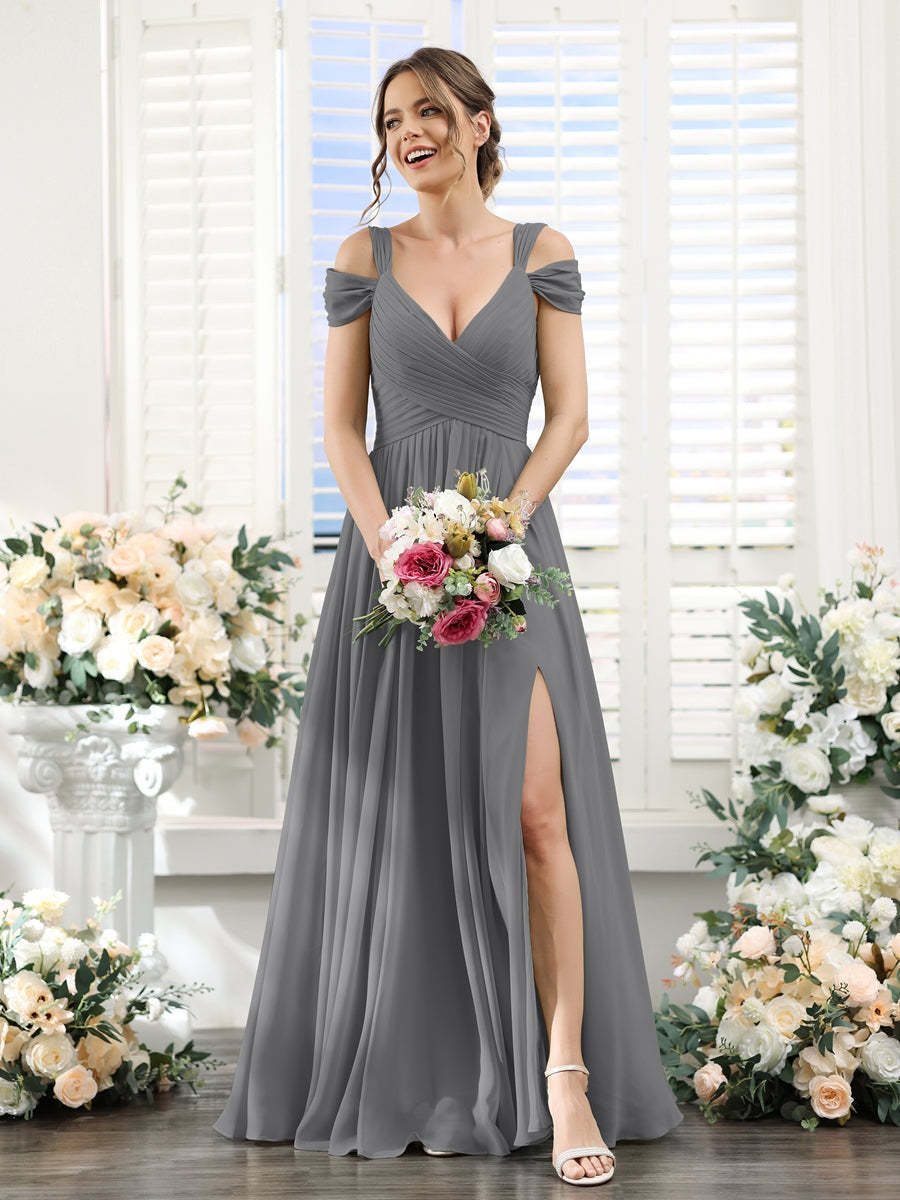 V-Neck Floor-Length Chiffon Bridesmaid Dress with Side Split and Ruched A-Line/Princess Silhouette