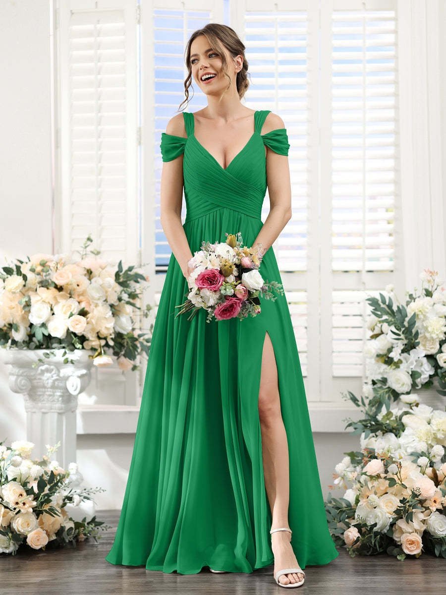V-Neck Floor-Length Chiffon Bridesmaid Dress with Side Split and Ruched A-Line/Princess Silhouette
