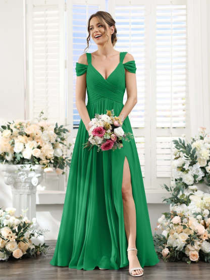 V-Neck Floor-Length Chiffon Bridesmaid Dress with Side Split and Ruched A-Line/Princess Silhouette
