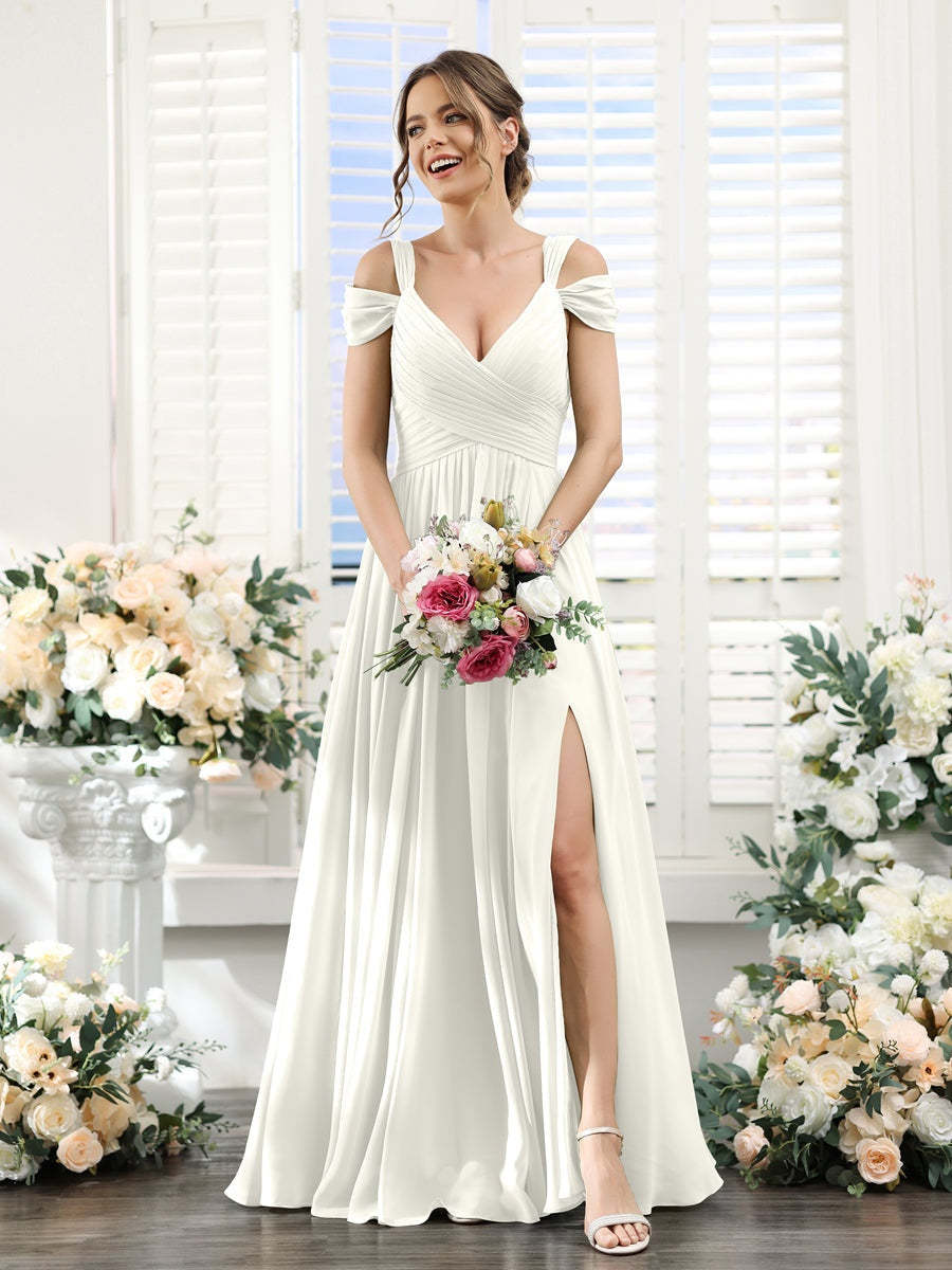 V-Neck Floor-Length Chiffon Bridesmaid Dress with Side Split and Ruched A-Line/Princess Silhouette