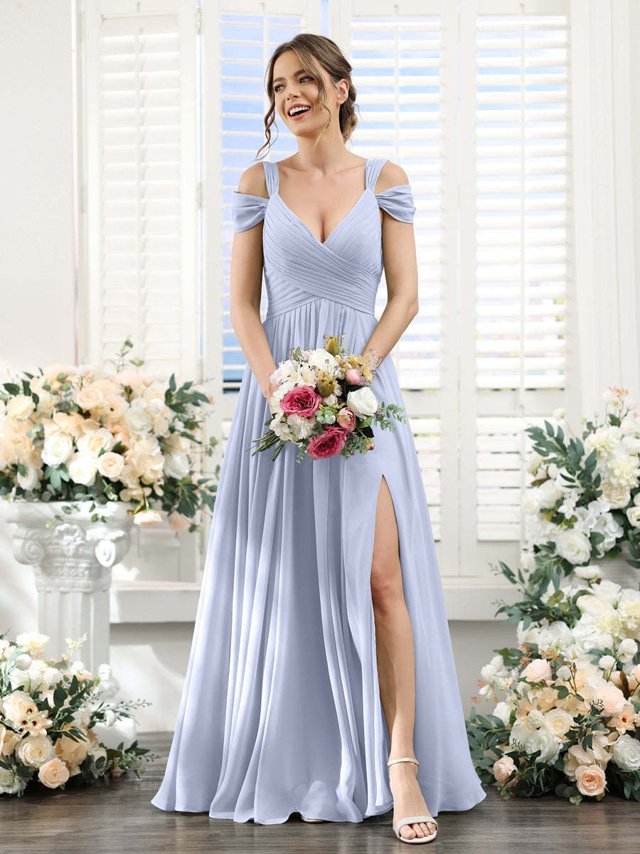 V-Neck Floor-Length Chiffon Bridesmaid Dress with Side Split and Ruched A-Line/Princess Silhouette