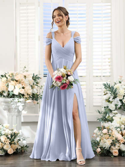 V-Neck Floor-Length Chiffon Bridesmaid Dress with Side Split and Ruched A-Line/Princess Silhouette
