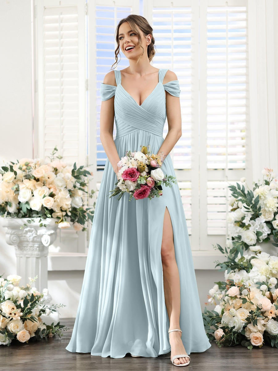 V-Neck Floor-Length Chiffon Bridesmaid Dress with Side Split and Ruched A-Line/Princess Silhouette