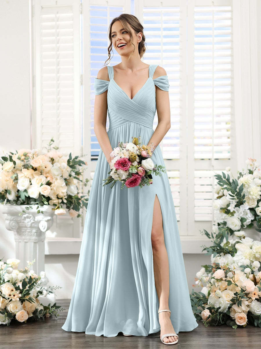 V-Neck Floor-Length Chiffon Bridesmaid Dress with Side Split and Ruched A-Line/Princess Silhouette