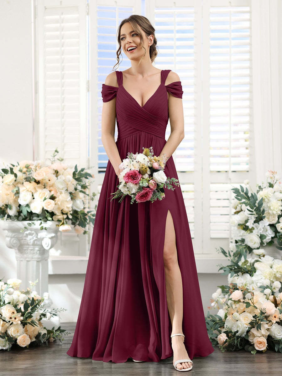 V-Neck Floor-Length Chiffon Bridesmaid Dress with Side Split and Ruched A-Line/Princess Silhouette