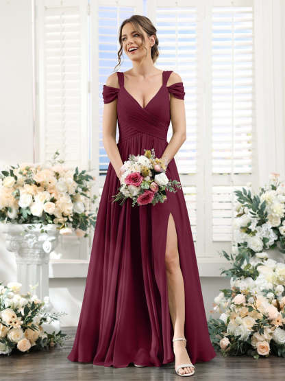 V-Neck Floor-Length Chiffon Bridesmaid Dress with Side Split and Ruched A-Line/Princess Silhouette
