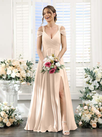 V-Neck Floor-Length Chiffon Bridesmaid Dress with Side Split and Ruched A-Line/Princess Silhouette
