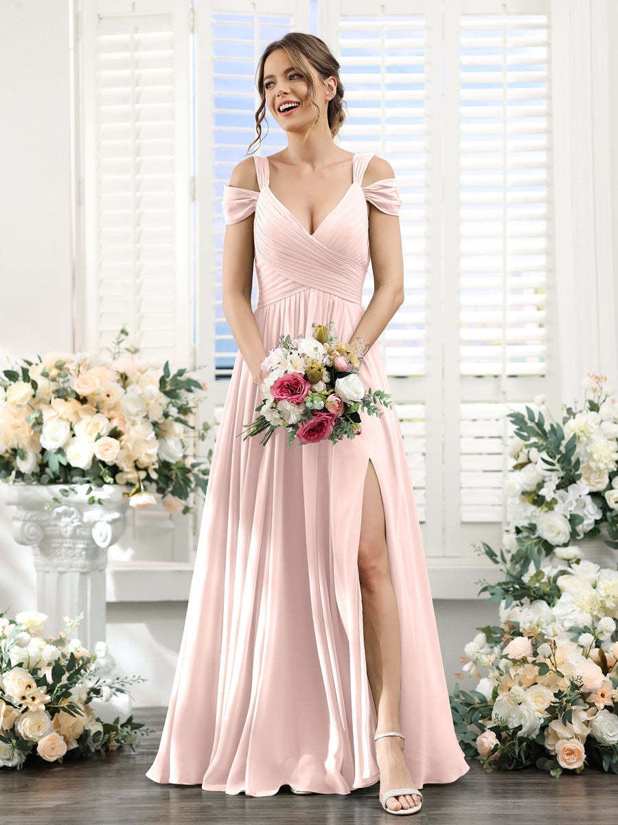 V-Neck Floor-Length Chiffon Bridesmaid Dress with Side Split and Ruched A-Line/Princess Silhouette
