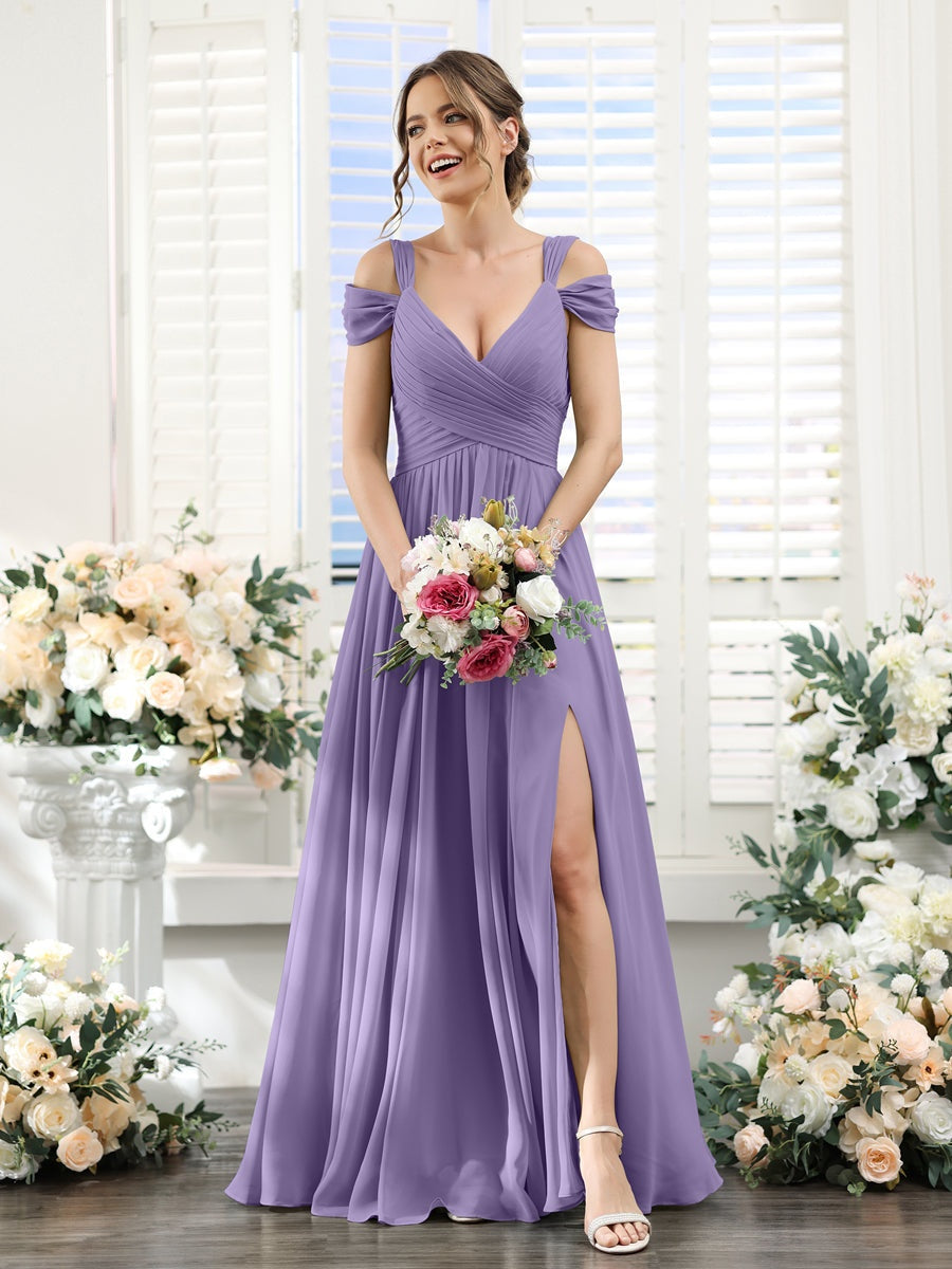 V-Neck Floor-Length Chiffon Bridesmaid Dress with Side Split and Ruched A-Line/Princess Silhouette