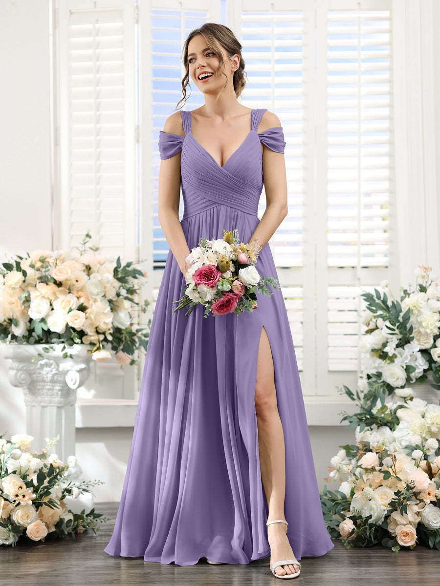 V-Neck Floor-Length Chiffon Bridesmaid Dress with Side Split and Ruched A-Line/Princess Silhouette