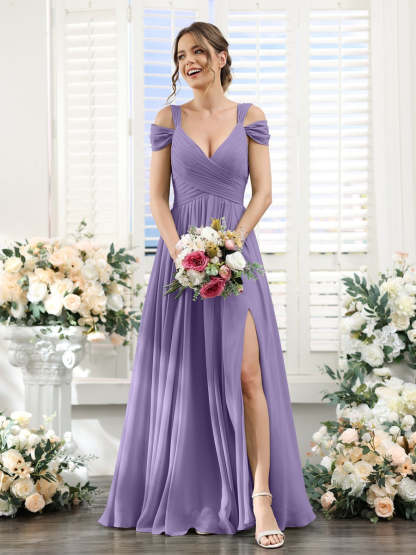 V-Neck Floor-Length Chiffon Bridesmaid Dress with Side Split and Ruched A-Line/Princess Silhouette
