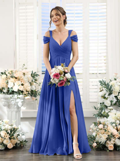 V-Neck Floor-Length Chiffon Bridesmaid Dress with Side Split and Ruched A-Line/Princess Silhouette