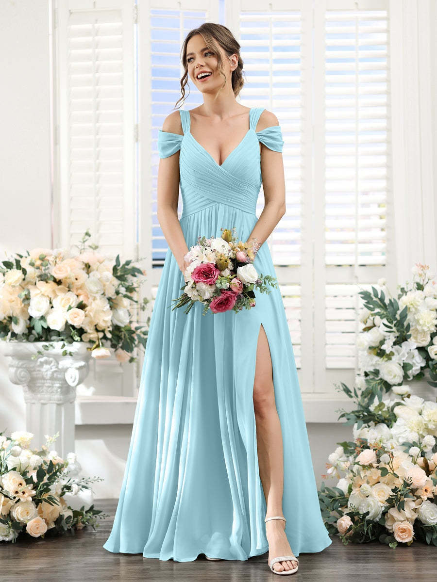 V-Neck Floor-Length Chiffon Bridesmaid Dress with Side Split and Ruched A-Line/Princess Silhouette