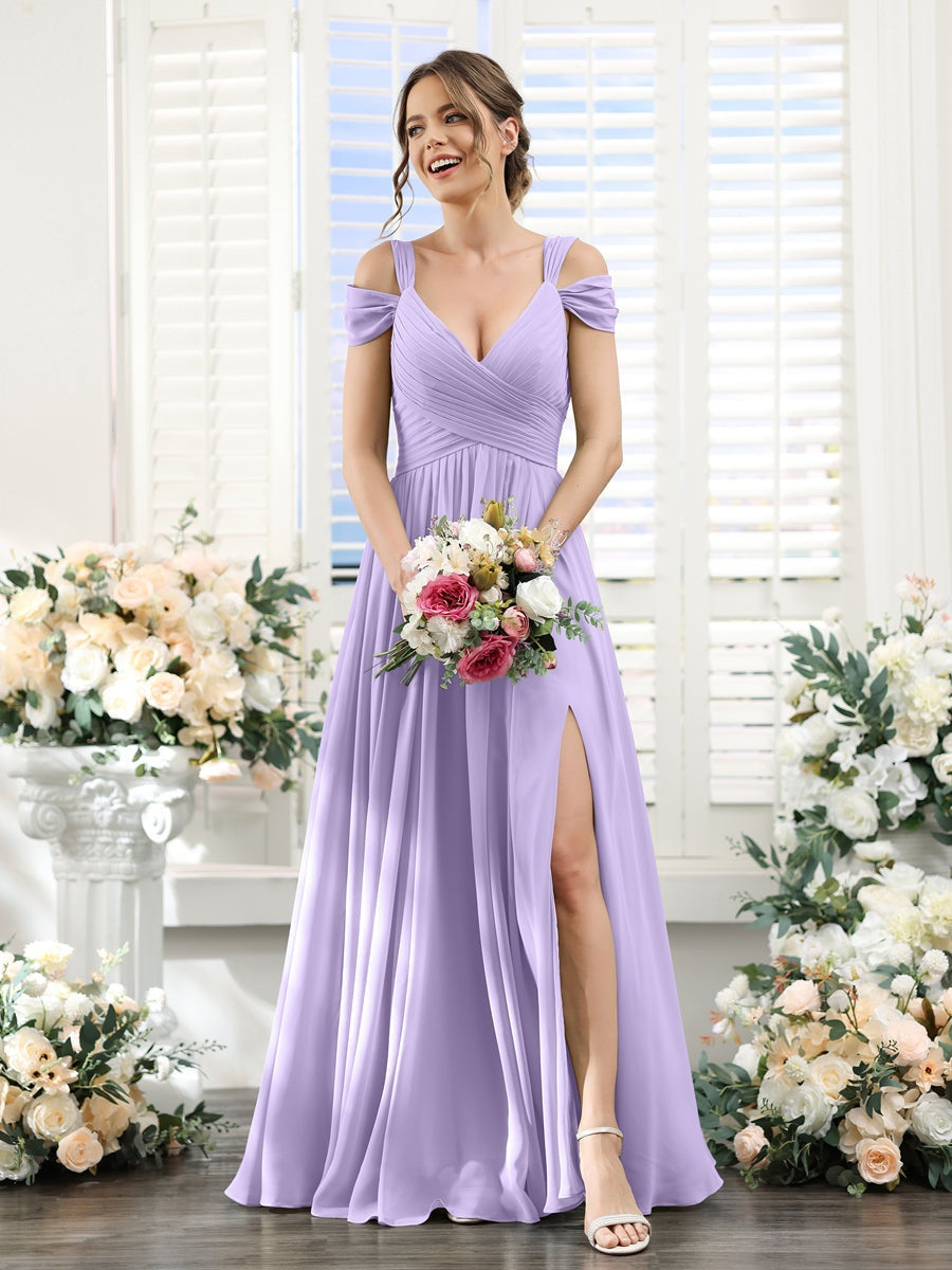 V-Neck Floor-Length Chiffon Bridesmaid Dress with Side Split and Ruched A-Line/Princess Silhouette