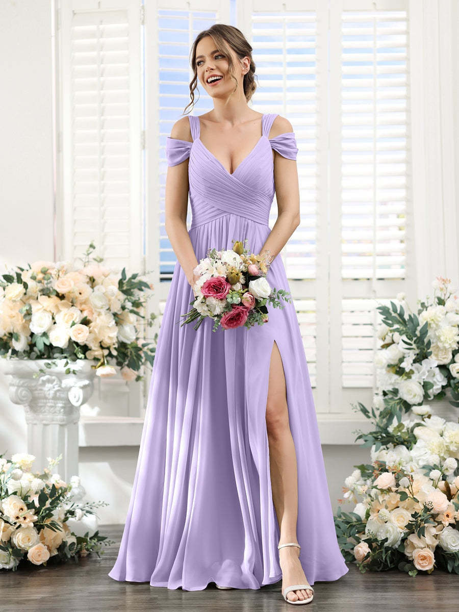 V-Neck Floor-Length Chiffon Bridesmaid Dress with Side Split and Ruched A-Line/Princess Silhouette