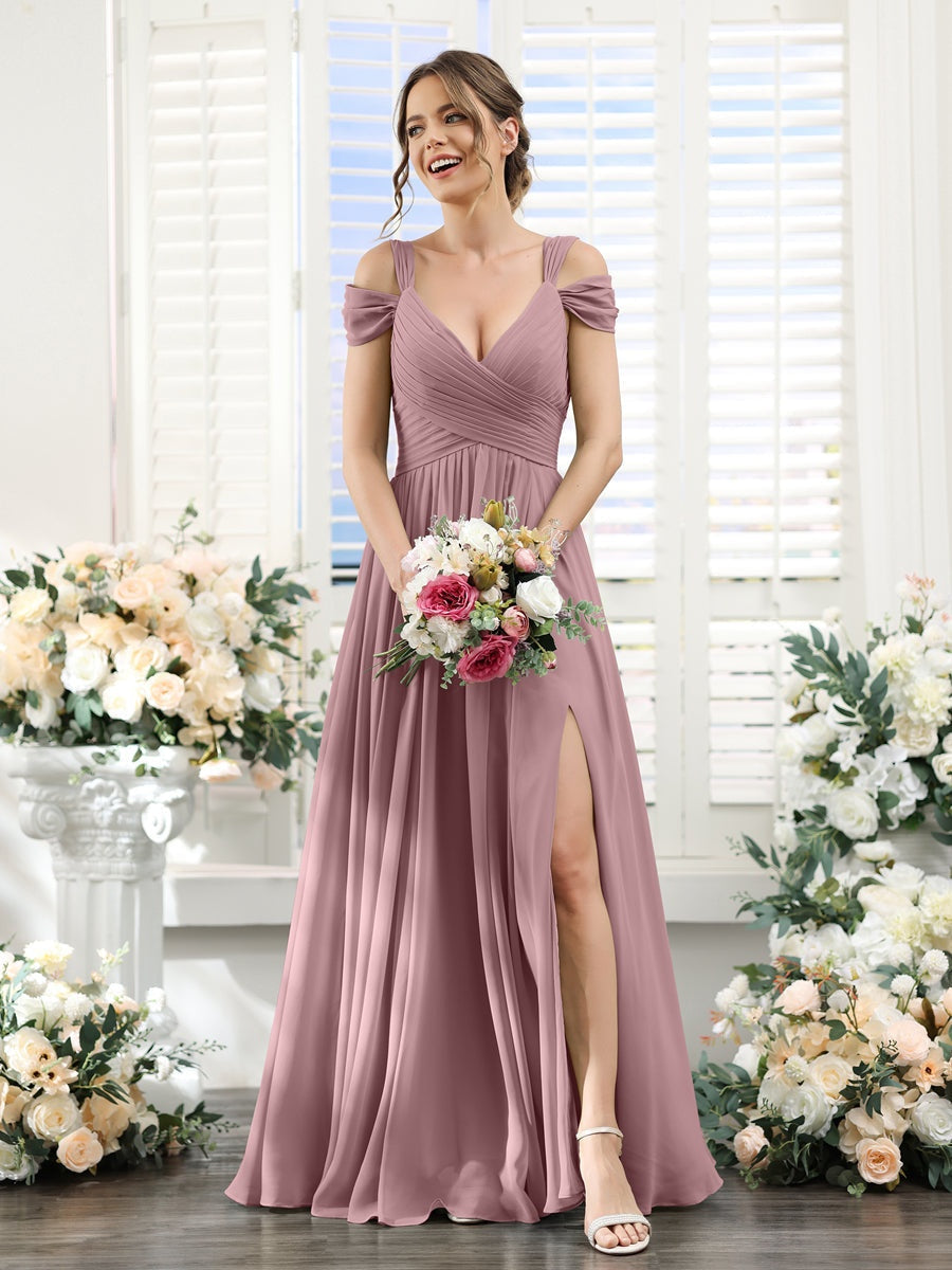 V-Neck Floor-Length Chiffon Bridesmaid Dress with Side Split and Ruched A-Line/Princess Silhouette