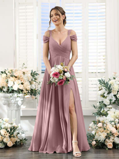 V-Neck Floor-Length Chiffon Bridesmaid Dress with Side Split and Ruched A-Line/Princess Silhouette