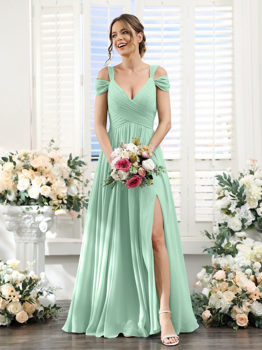 V-Neck Floor-Length Chiffon Bridesmaid Dress with Side Split and Ruched A-Line/Princess Silhouette