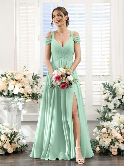 V-Neck Floor-Length Chiffon Bridesmaid Dress with Side Split and Ruched A-Line/Princess Silhouette