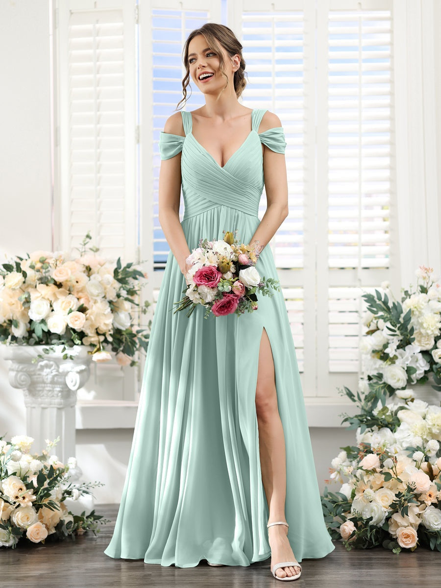 V-Neck Floor-Length Chiffon Bridesmaid Dress with Side Split and Ruched A-Line/Princess Silhouette