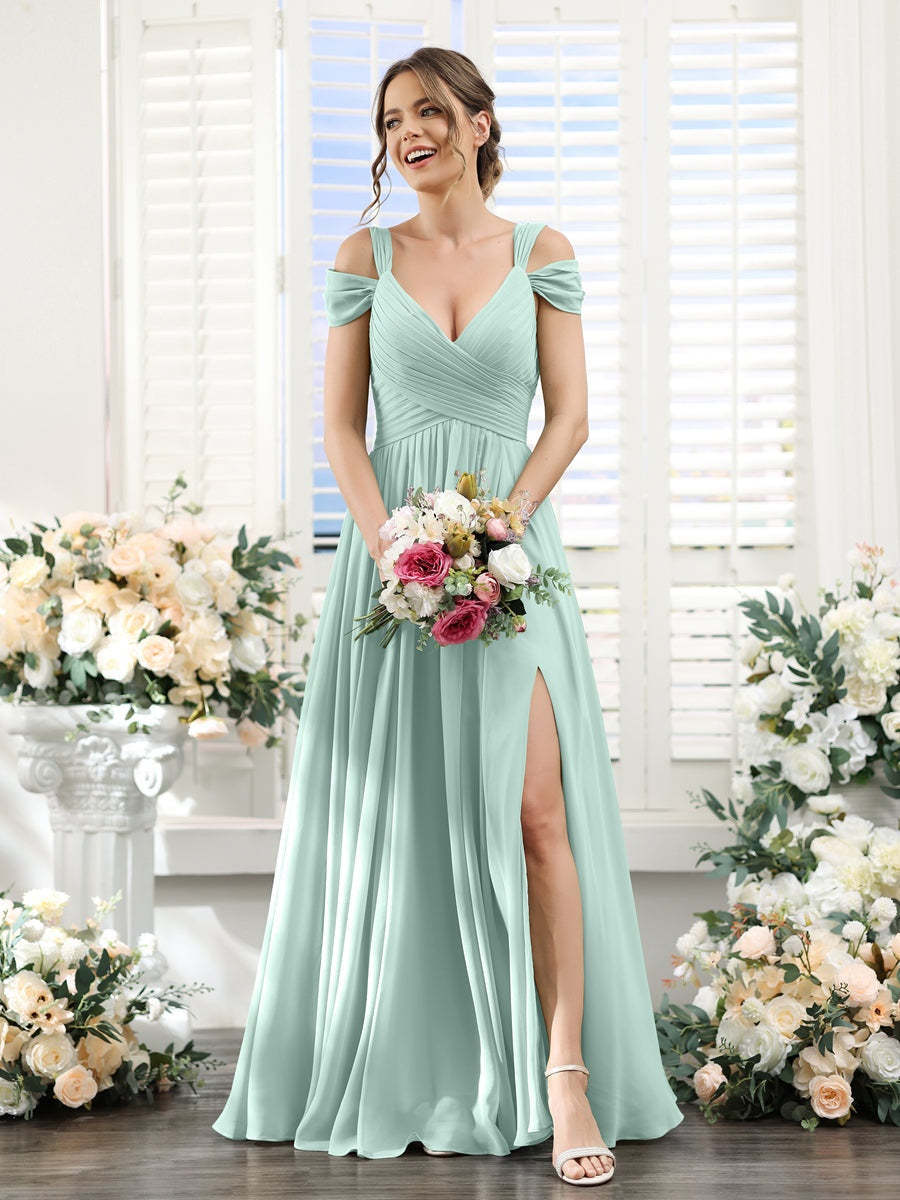 V-Neck Floor-Length Chiffon Bridesmaid Dress with Side Split and Ruched A-Line/Princess Silhouette