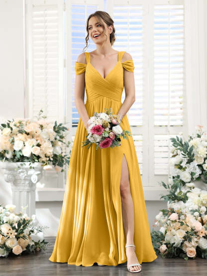 V-Neck Floor-Length Chiffon Bridesmaid Dress with Side Split and Ruched A-Line/Princess Silhouette
