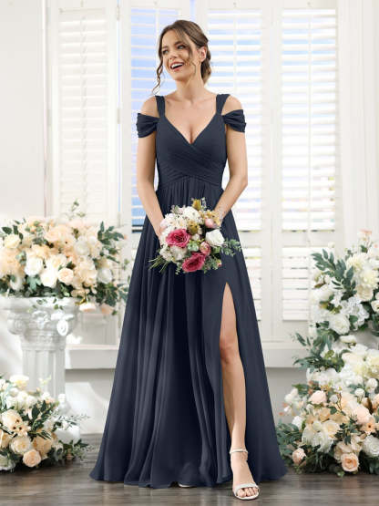 V-Neck Floor-Length Chiffon Bridesmaid Dress with Side Split and Ruched A-Line/Princess Silhouette
