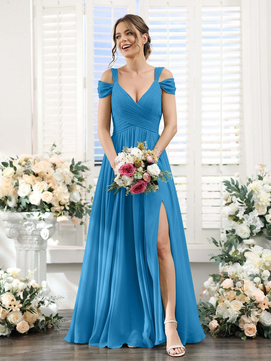 V-Neck Floor-Length Chiffon Bridesmaid Dress with Side Split and Ruched A-Line/Princess Silhouette