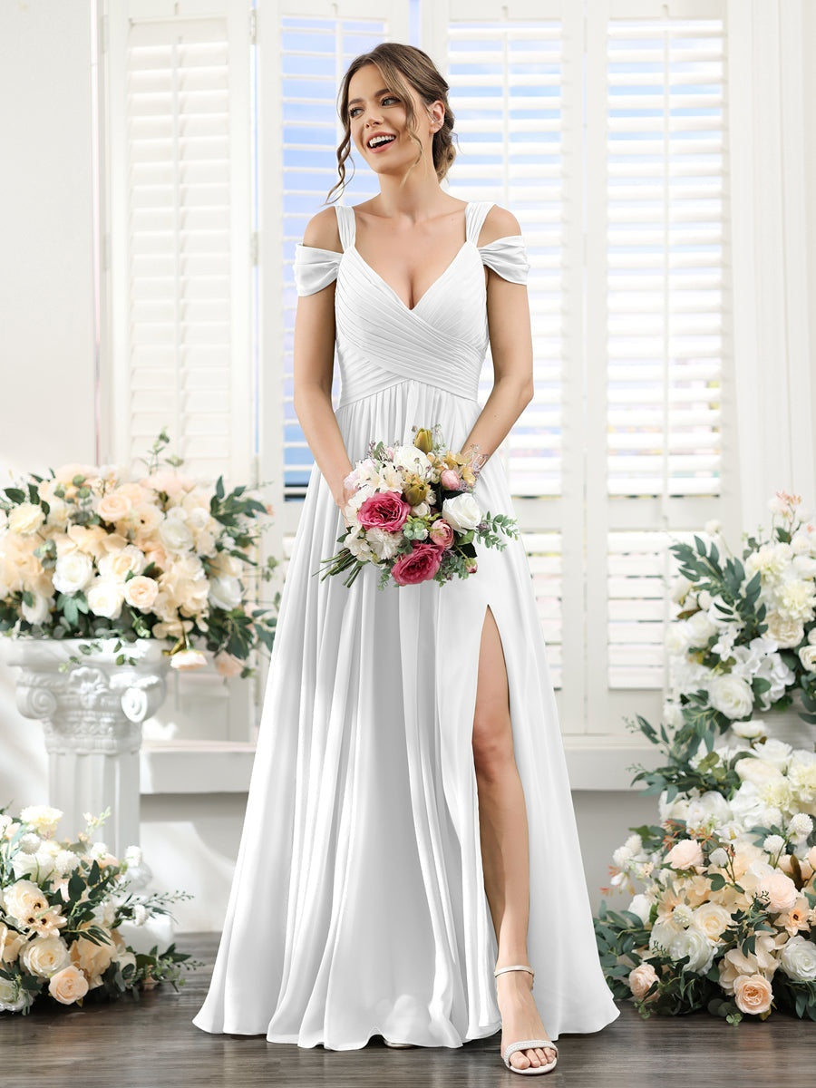 V-Neck Floor-Length Chiffon Bridesmaid Dress with Side Split and Ruched A-Line/Princess Silhouette