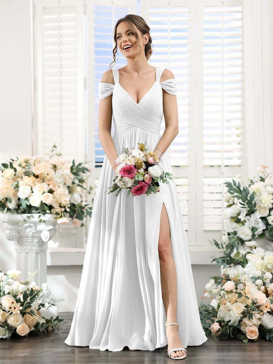 V-Neck Floor-Length Chiffon Bridesmaid Dress with Side Split and Ruched A-Line/Princess Silhouette