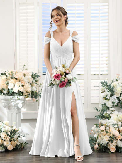 V-Neck Floor-Length Chiffon Bridesmaid Dress with Side Split and Ruched A-Line/Princess Silhouette