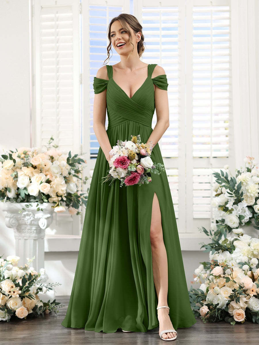 V-Neck Floor-Length Chiffon Bridesmaid Dress with Side Split and Ruched A-Line/Princess Silhouette