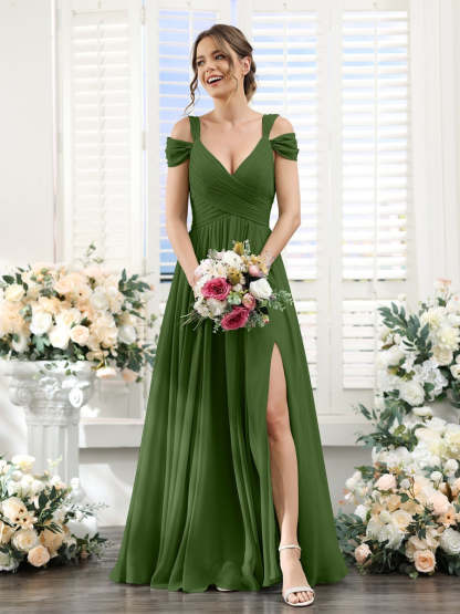 V-Neck Floor-Length Chiffon Bridesmaid Dress with Side Split and Ruched A-Line/Princess Silhouette