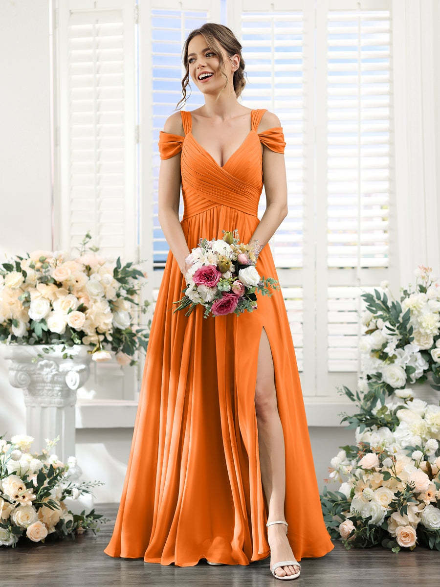 V-Neck Floor-Length Chiffon Bridesmaid Dress with Side Split and Ruched A-Line/Princess Silhouette