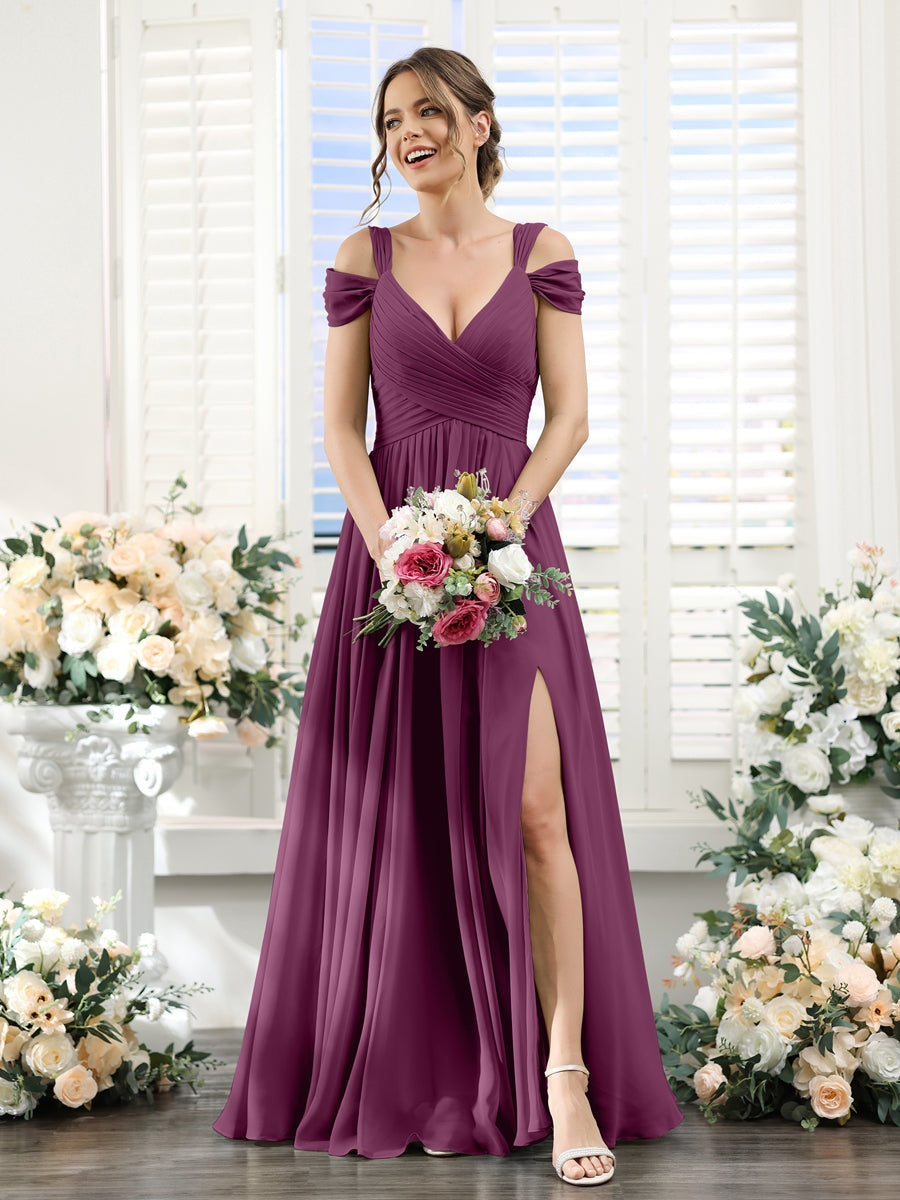 V-Neck Floor-Length Chiffon Bridesmaid Dress with Side Split and Ruched A-Line/Princess Silhouette