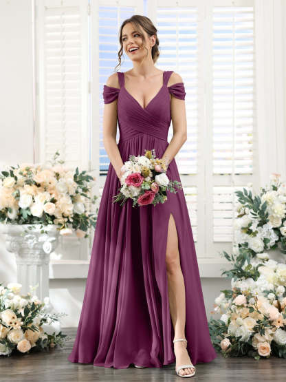 V-Neck Floor-Length Chiffon Bridesmaid Dress with Side Split and Ruched A-Line/Princess Silhouette