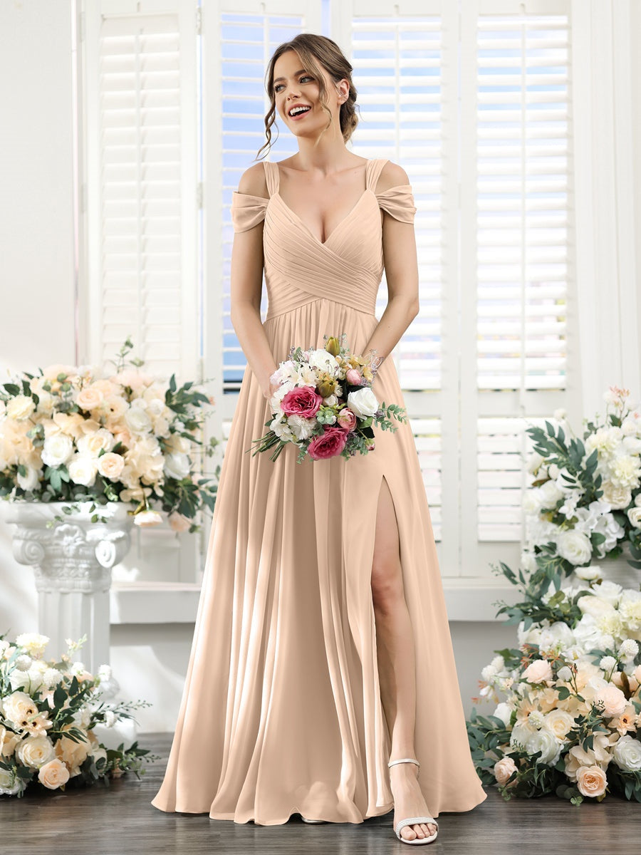 V-Neck Floor-Length Chiffon Bridesmaid Dress with Side Split and Ruched A-Line/Princess Silhouette