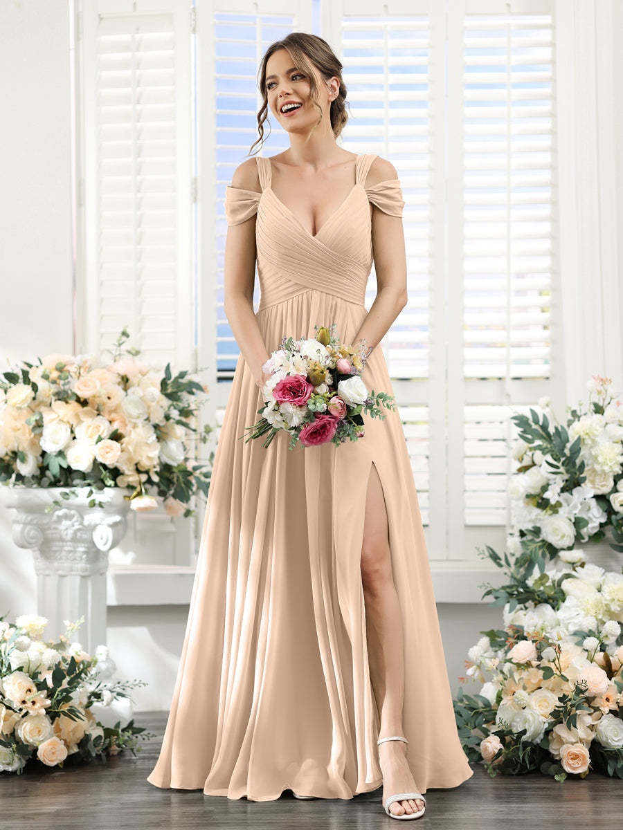 V-Neck Floor-Length Chiffon Bridesmaid Dress with Side Split and Ruched A-Line/Princess Silhouette
