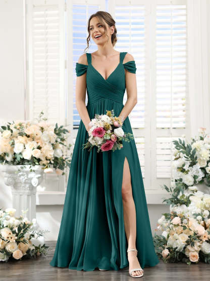 V-Neck Floor-Length Chiffon Bridesmaid Dress with Side Split and Ruched A-Line/Princess Silhouette