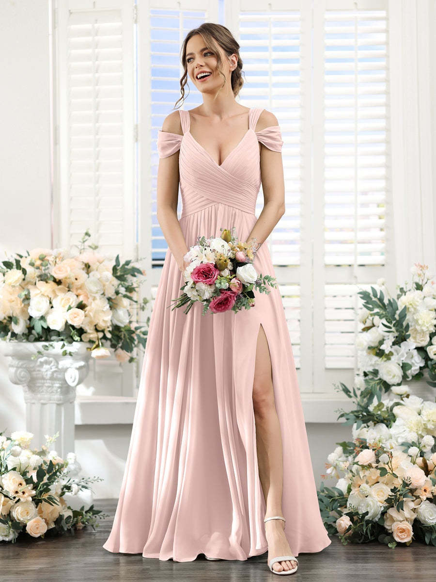 V-Neck Floor-Length Chiffon Bridesmaid Dress with Side Split and Ruched A-Line/Princess Silhouette