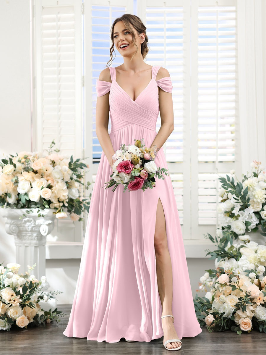 V-Neck Floor-Length Chiffon Bridesmaid Dress with Side Split and Ruched A-Line/Princess Silhouette