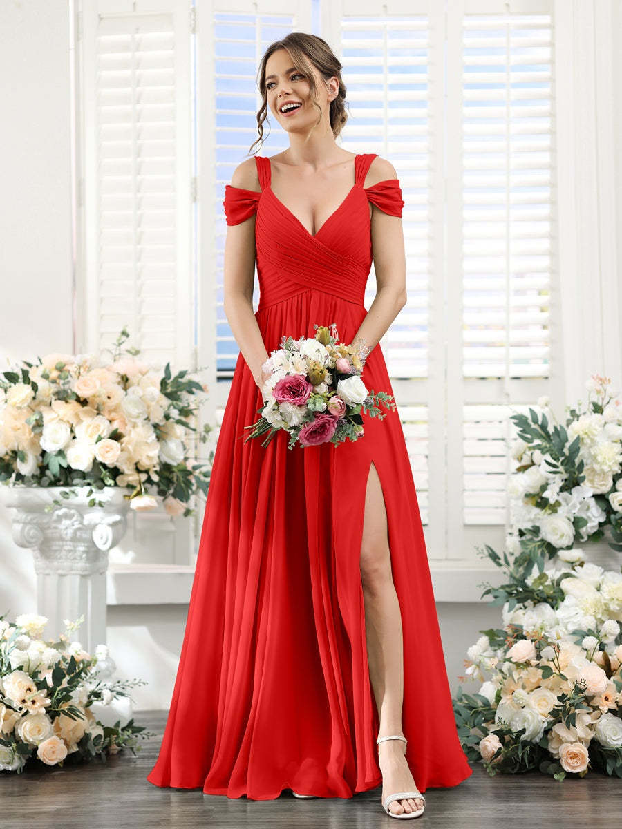 V-Neck Floor-Length Chiffon Bridesmaid Dress with Side Split and Ruched A-Line/Princess Silhouette