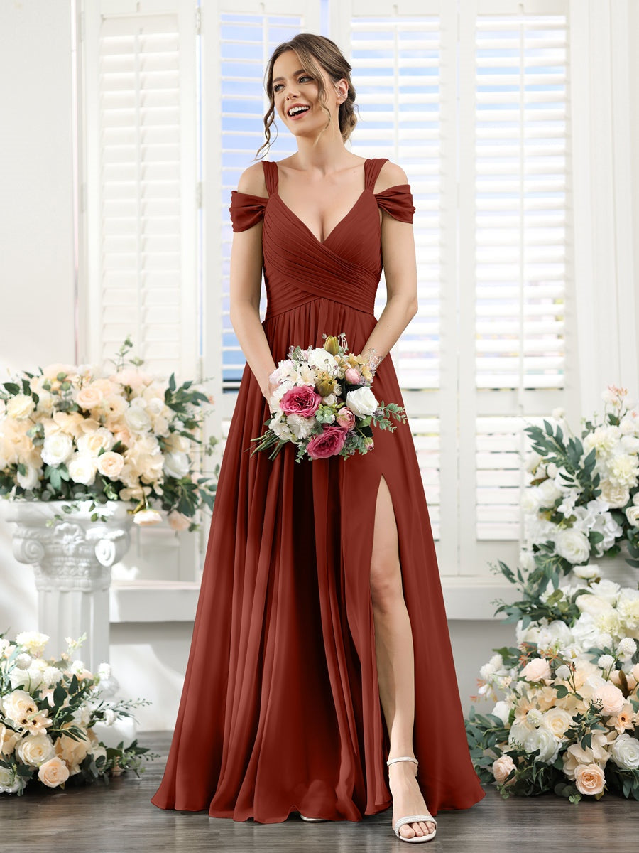V-Neck Floor-Length Chiffon Bridesmaid Dress with Side Split and Ruched A-Line/Princess Silhouette
