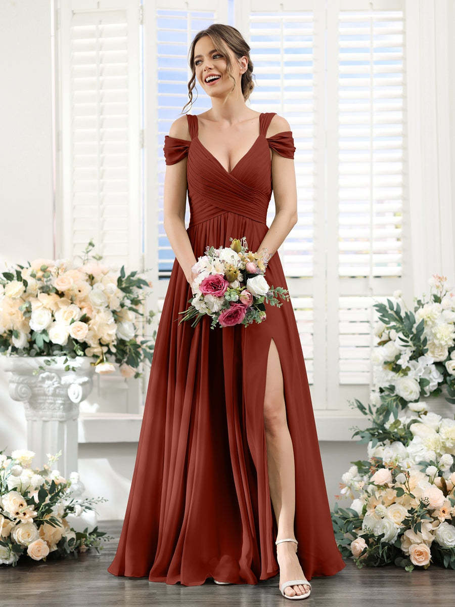 V-Neck Floor-Length Chiffon Bridesmaid Dress with Side Split and Ruched A-Line/Princess Silhouette