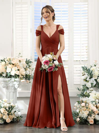 V-Neck Floor-Length Chiffon Bridesmaid Dress with Side Split and Ruched A-Line/Princess Silhouette